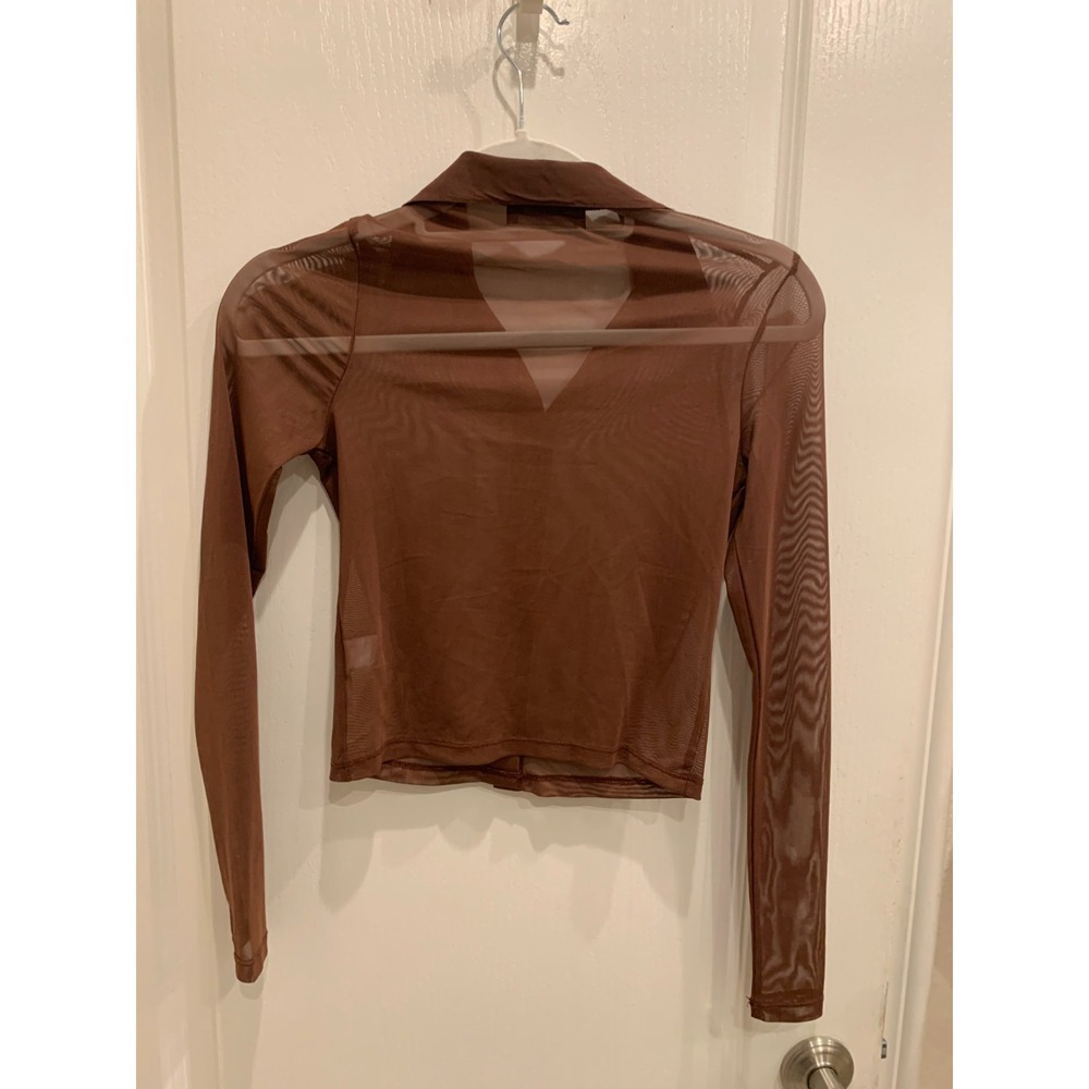 Liz & Sara Shear Brown Cropped long sleeve button down‎ Sz XS - Picture 2 of 4